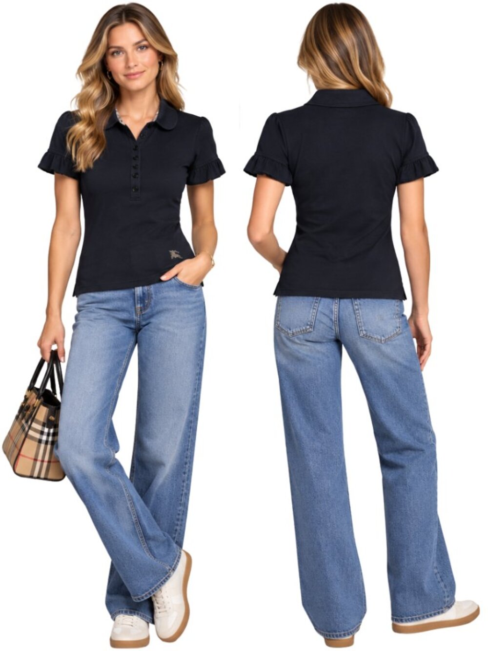 Burberry London Short Sleeve Polo Shirt Women's Medium Black Puff Sleeve Preppy